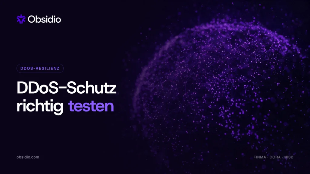Obsidio Banner: DDoS-Schutz richtig testen, mit einem leuchtenden violetten Netz aus global verteilten Geräten