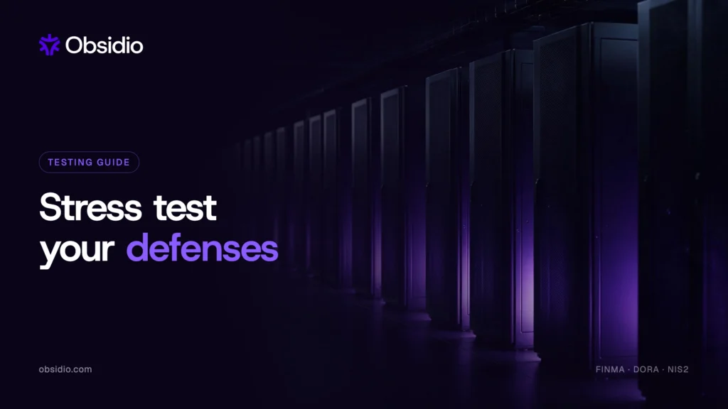 Obsidio banner: Stress test your defenses — dark server-rack corridor with purple accent lighting