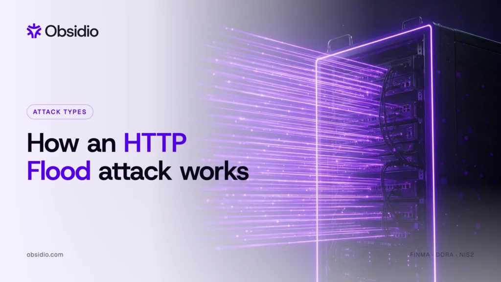 Server rack struck by dense parallel beams of purple light, illustrating how an HTTP flood attack works