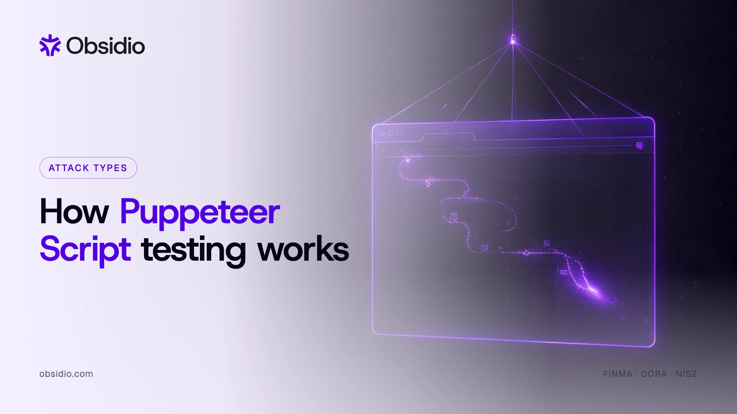 A browser window suspended on fine marionette strings with a scripted path traced through it, illustrating automated user-journey testing