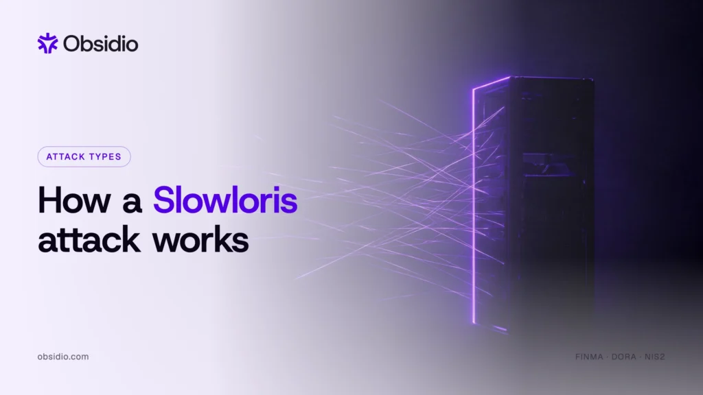 Server rack with many purple connection threads held open, illustrating how a Slowloris attack works