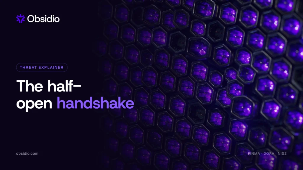 Obsidio banner: SYN flood attack, the half-open handshake — hexagonal socket grid glowing purple