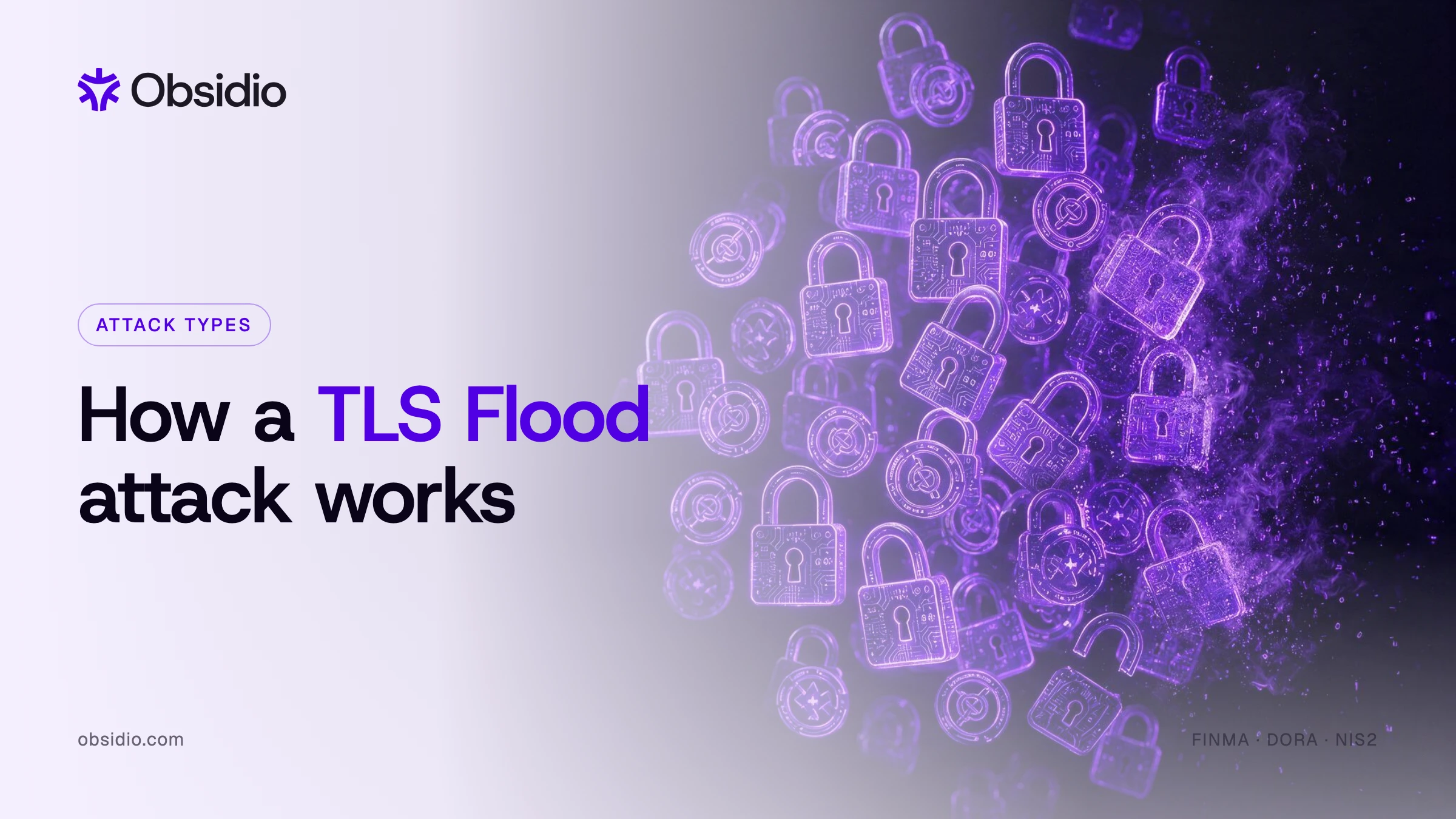 Purple padlock glyphs snapping shut then dissolving, illustrating how a TLS flood makes a server pay handshake cost then discards the connection