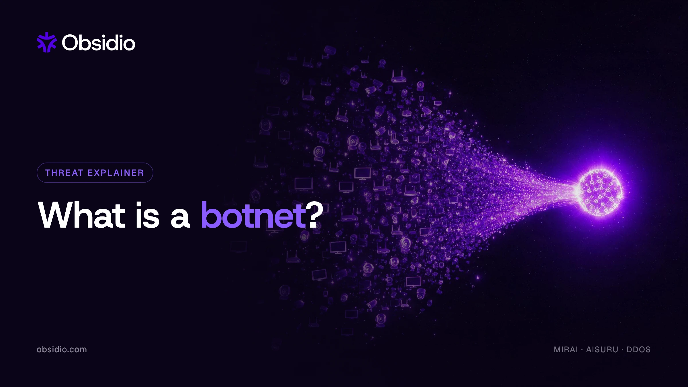 Illustration of a botnet: thousands of hijacked devices converging on a single glowing target