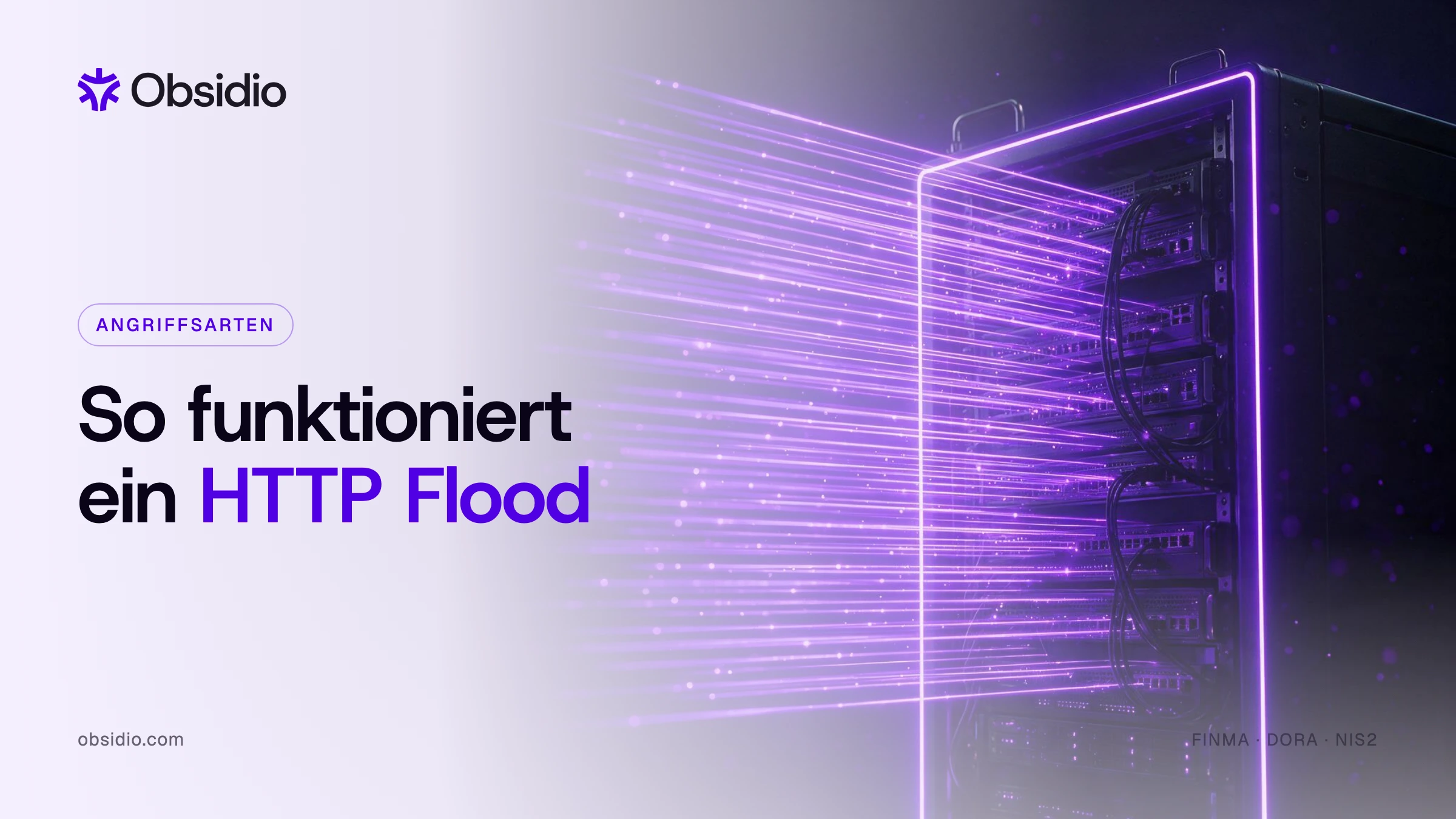Serverschrank, getroffen von dichten parallelen identischen Lichtstrahlen – ein HTTP Flood aus lauter gültigen Anfragen
